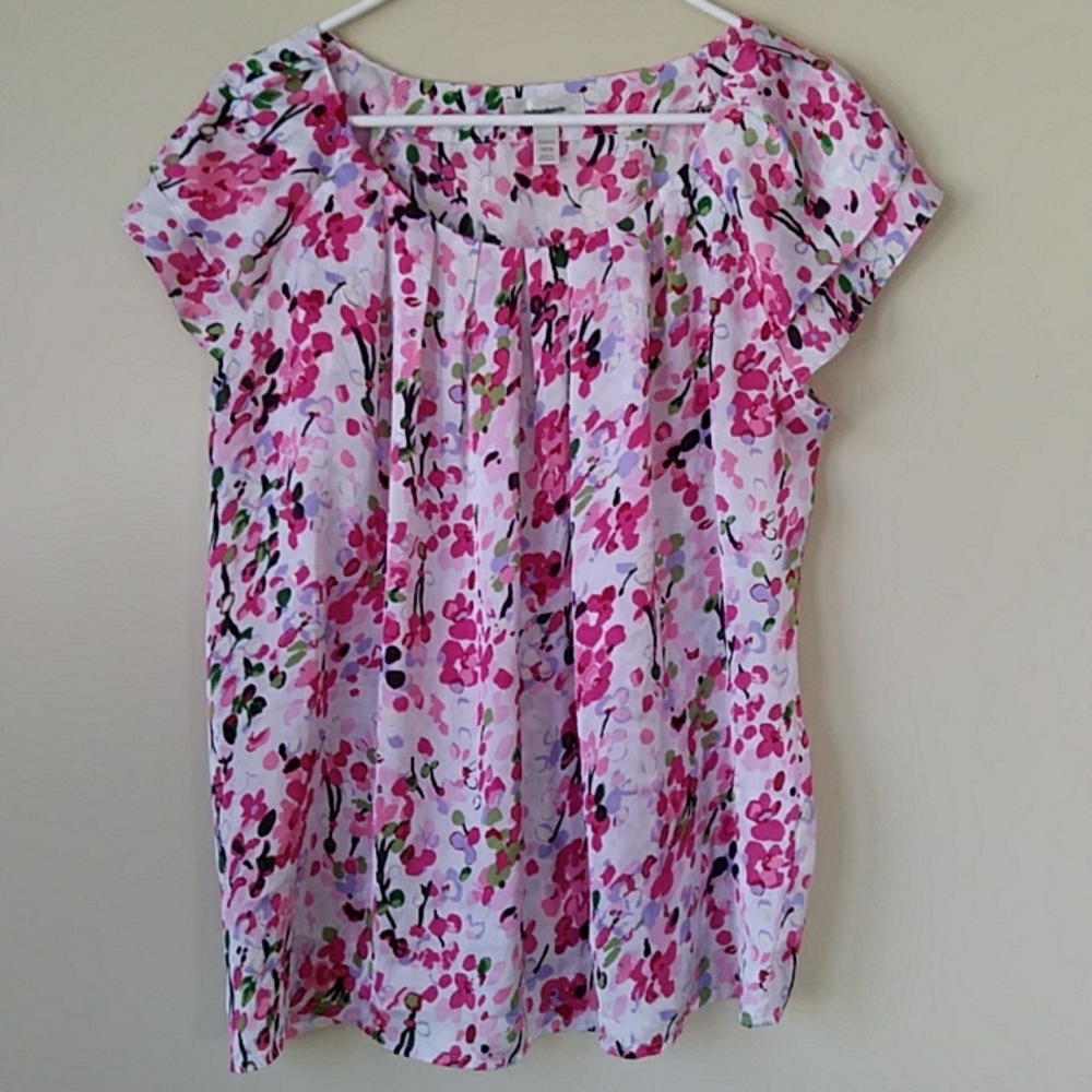 Dressbarn Floral Pleated Blouse 14/16 Woman White Pink